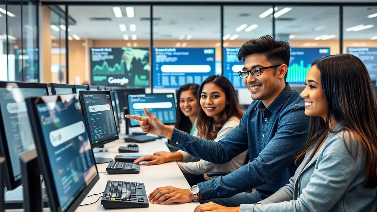 Sekelompok Profesional Muda Sedang Berdiskusi Di Depan Layar Komputer Dengan Grafik Digital, Menggambarkan Kolaborasi Dalam Pengembangan Startup Dan Teknologi